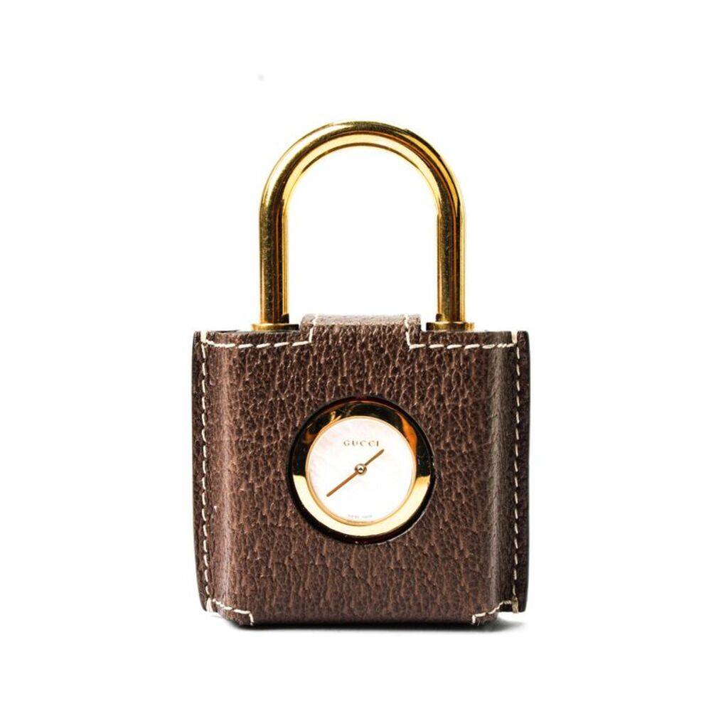 Gucci Womens Gold Tone Mother of Pearl Dial Brown Leather Constance Pocket Watch